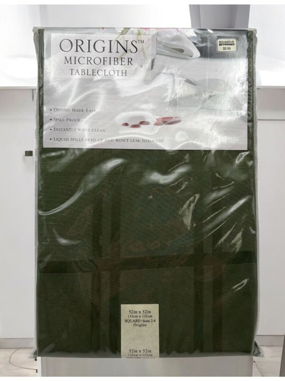 Origins Microfiber Tablecloth 52 Inch Square Sage Green Spill-Proof Dining
